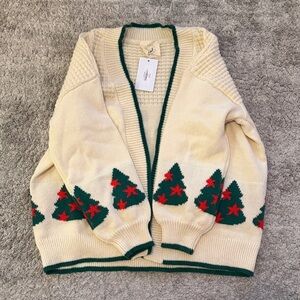 Fantastic Fawn Cream Cardigan with Festive Tree Design